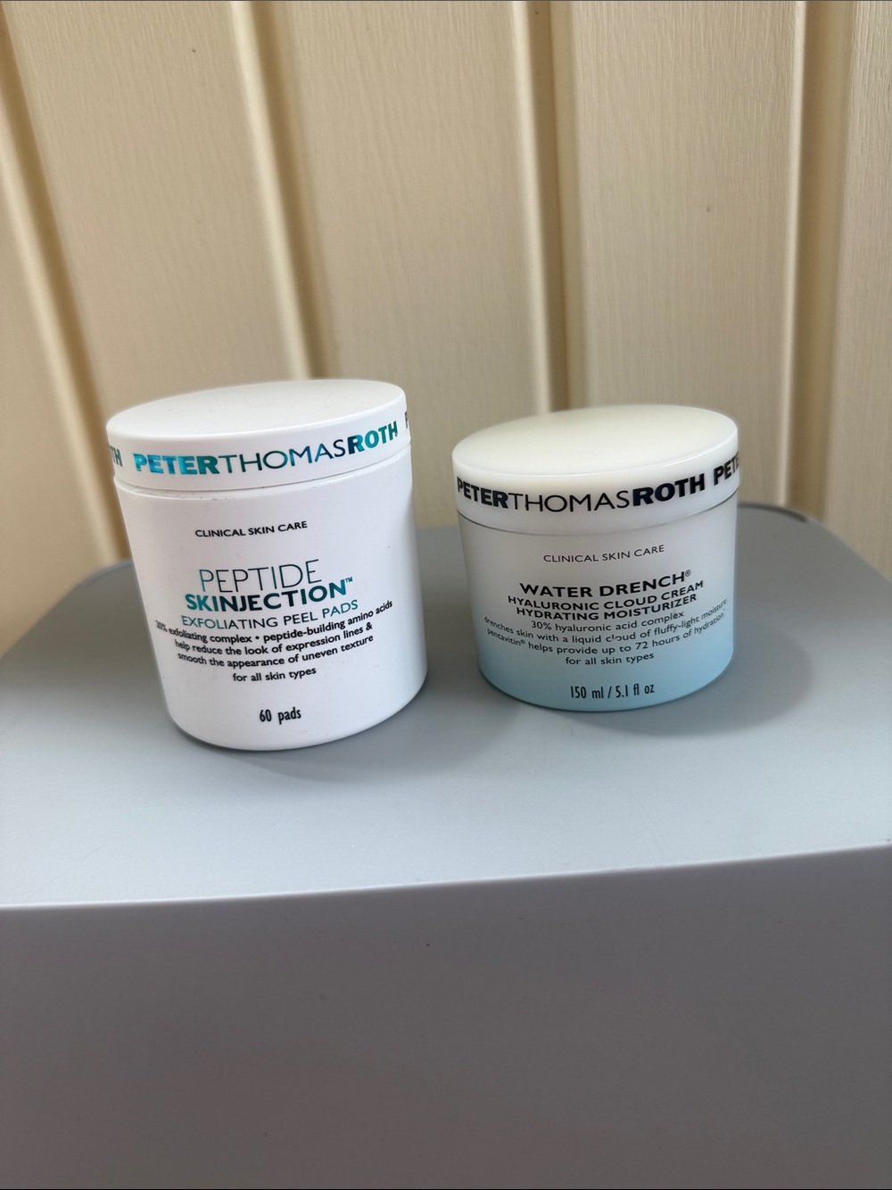 Peptide skinjection exfoliating peel pads; water drench moisturizer